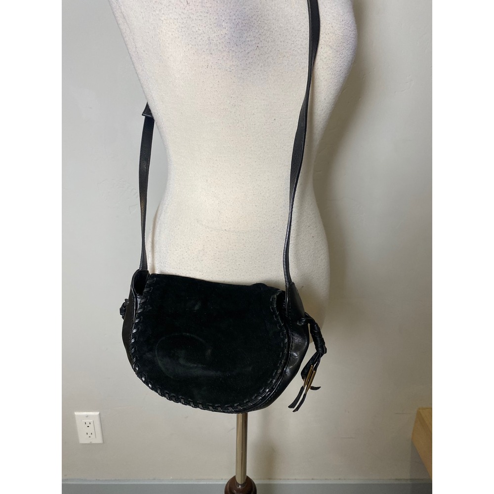 Kelsi Dagger Black Leather Suede Whipstitch Crossbody Saddle Bag